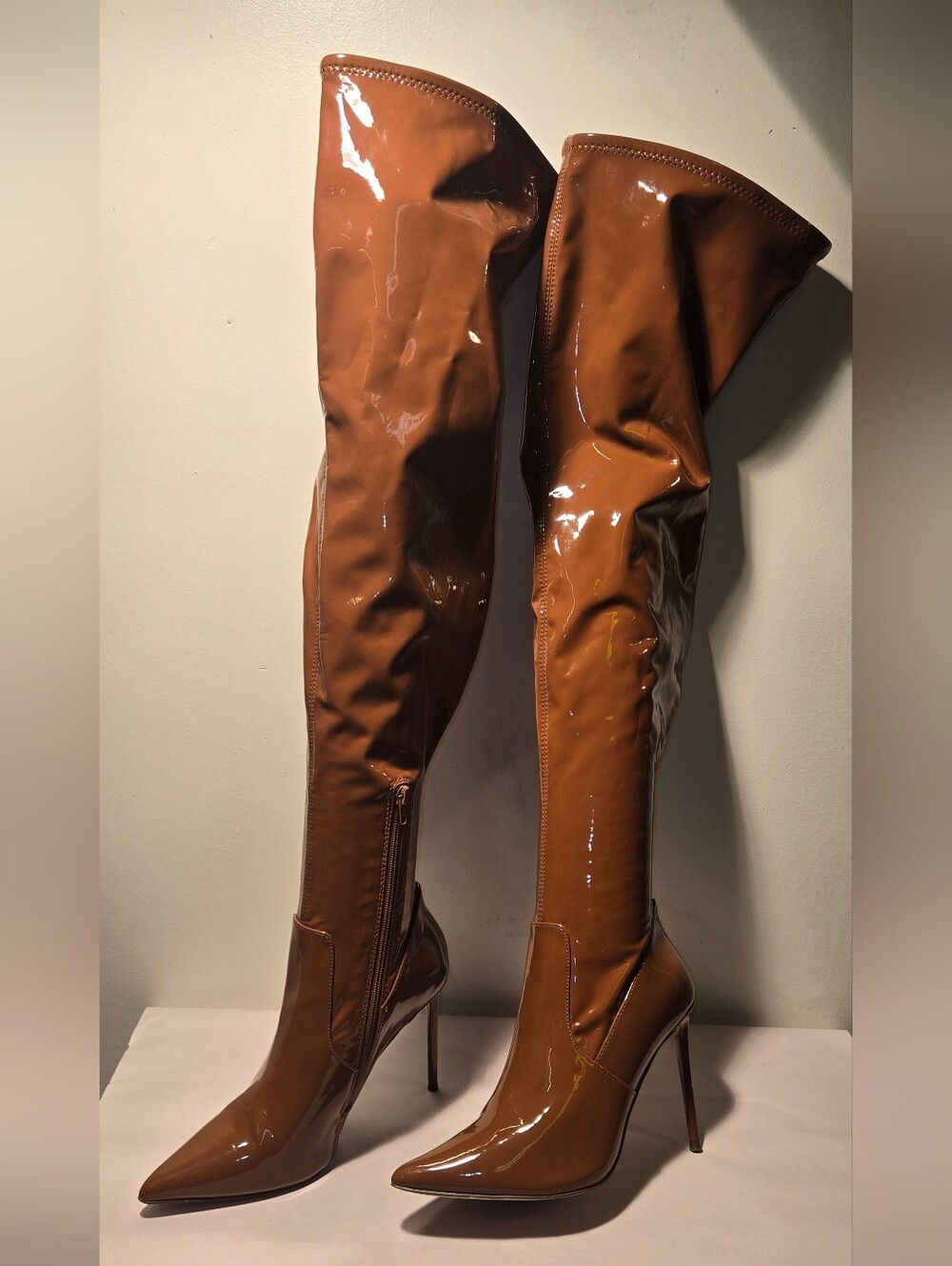 Steve Madden Vava Cognac Patent Over-the-Knee Stiletto Boots